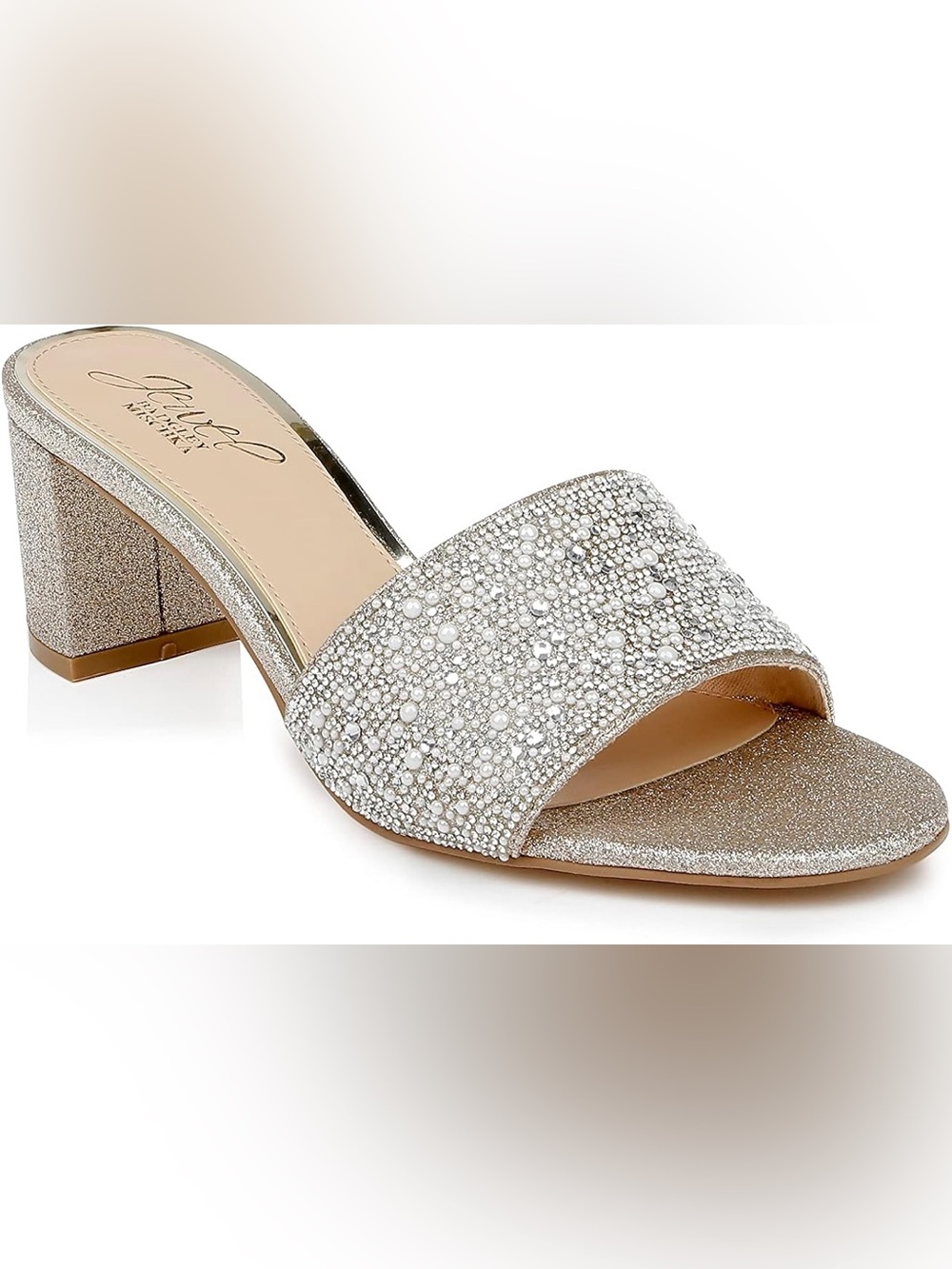 NIBJewel Badgley Mischka Della Silver Rhinestone Pearl Block Heel Slide Size 8.5